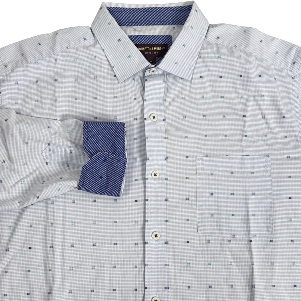 Johnston & Murphy Mens XL Blue Micro Grid Check Button Down Flip Cuff Shirt